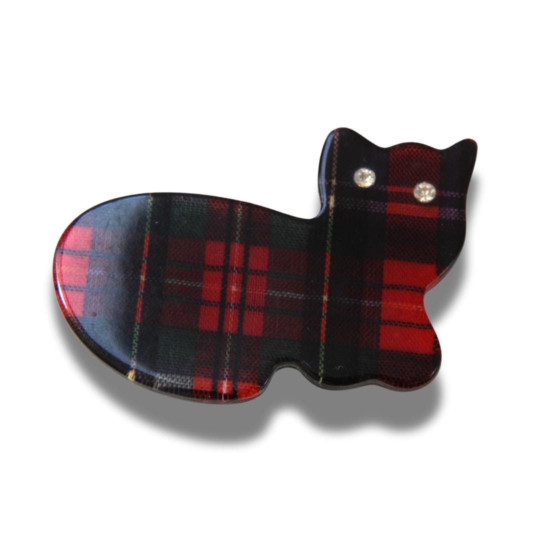 Vintage black red cat brooch - Checkered design Cute animal brooch - Fun shaped ''gingham'' jewelry gift for wife, grandma, mumm