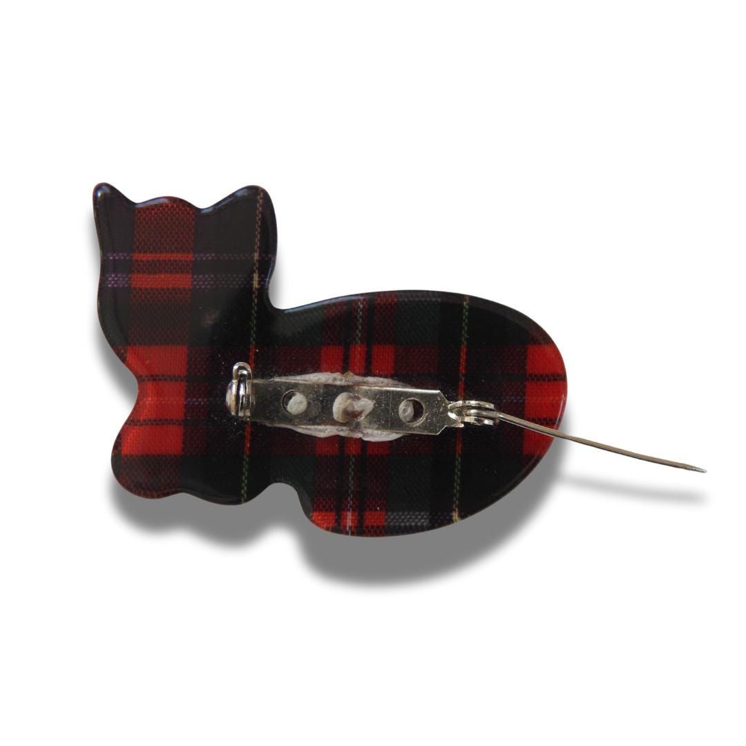 Vintage black red cat brooch - Checkered design Cute animal brooch - Fun shaped ''gingham'' jewelry gift for wife, grandma, mum