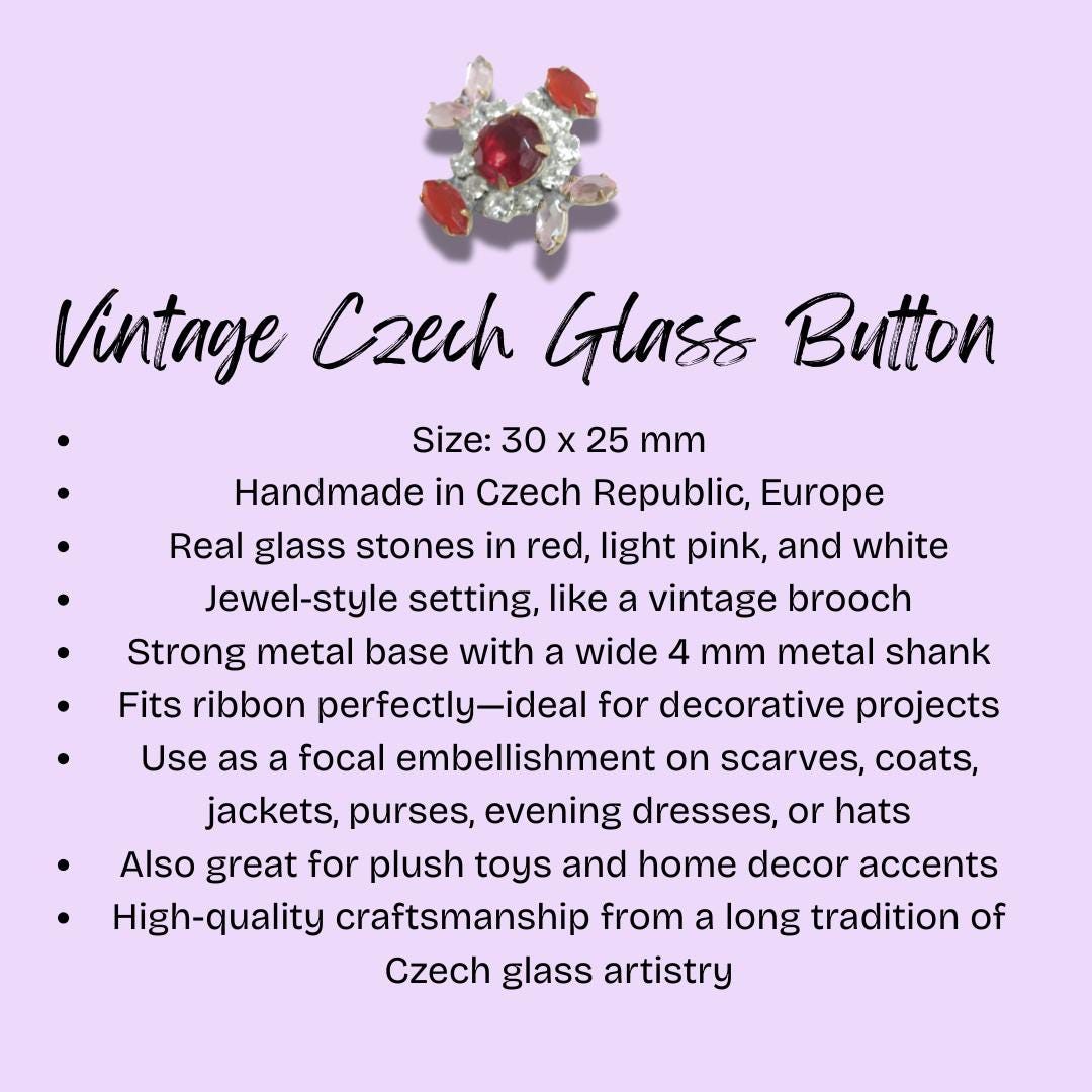Vintage Czech Red Glass Button – Large 30x25mm Jewel Style with Metal Shank, Made in Europe – Focal embellishment on scarves, coats, jackets