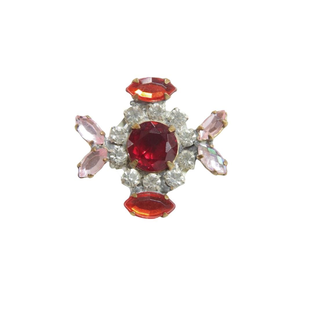 Vintage Czech Red Glass Button – Large 30x25mm Jewel Style with Metal Shank, Made in Europe – Focal embellishment on scarves, coats, jackets