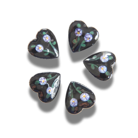 Set of 5 Vintage Heart-Shaped Buttons – Black Enamel with Floral Design – Retro Sewing Embellishments or Jewelry Charms – 10mm