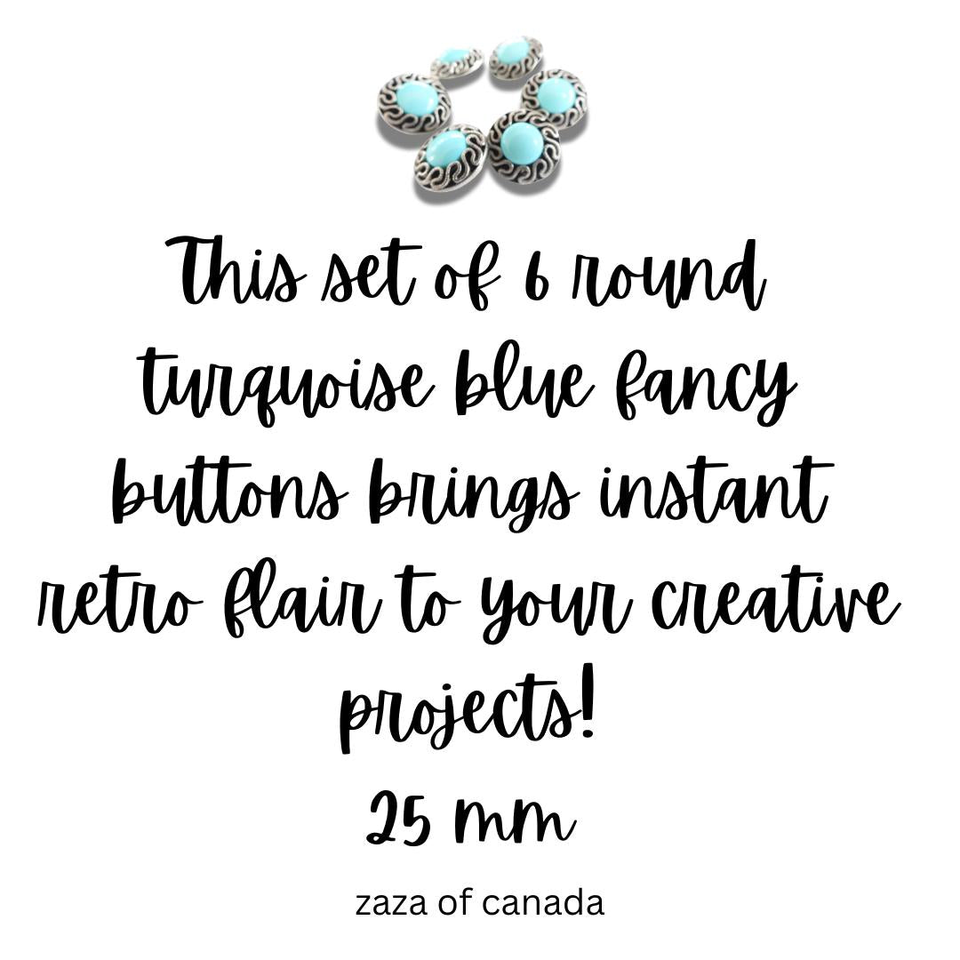 Set of 6 Vintage 80s Turquoise Blue Fancy Buttons – 25mm Resin & Silver Shank, Perfect for Sewing, DIY, Jewelry, and Upcycling Projects