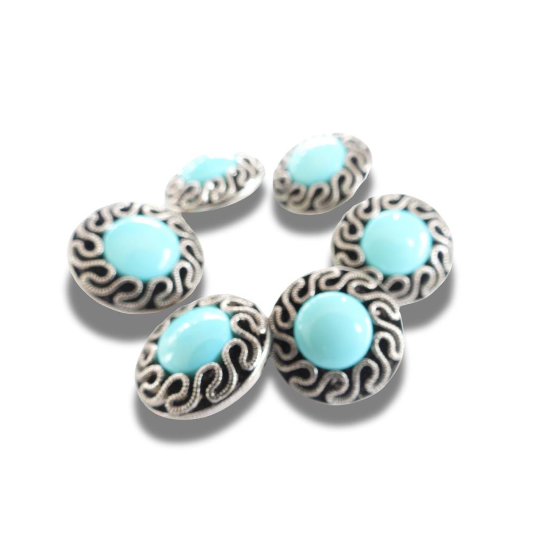 Set of 6 Vintage 80s Turquoise Blue Fancy Buttons – 25mm Resin & Silver Shank, Perfect for Sewing, DIY, Jewelry, and Upcycling Projects