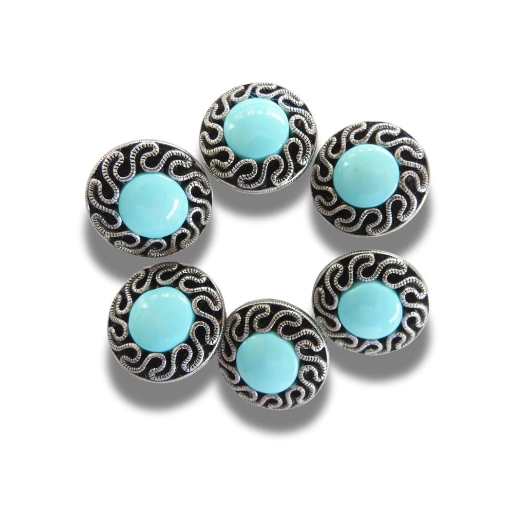 Set of 6 Vintage 80s Turquoise Blue Fancy Buttons – 25mm Resin & Silver Shank, Perfect for Sewing, DIY, Jewelry, and Upcycling Projects
