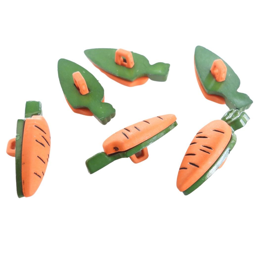 Carrot-Shaped Decorative Buttons for crafts, sewing, DIY, and cute jewelry projects - 20 mm, set of 6, Shank back- Fast Shipping