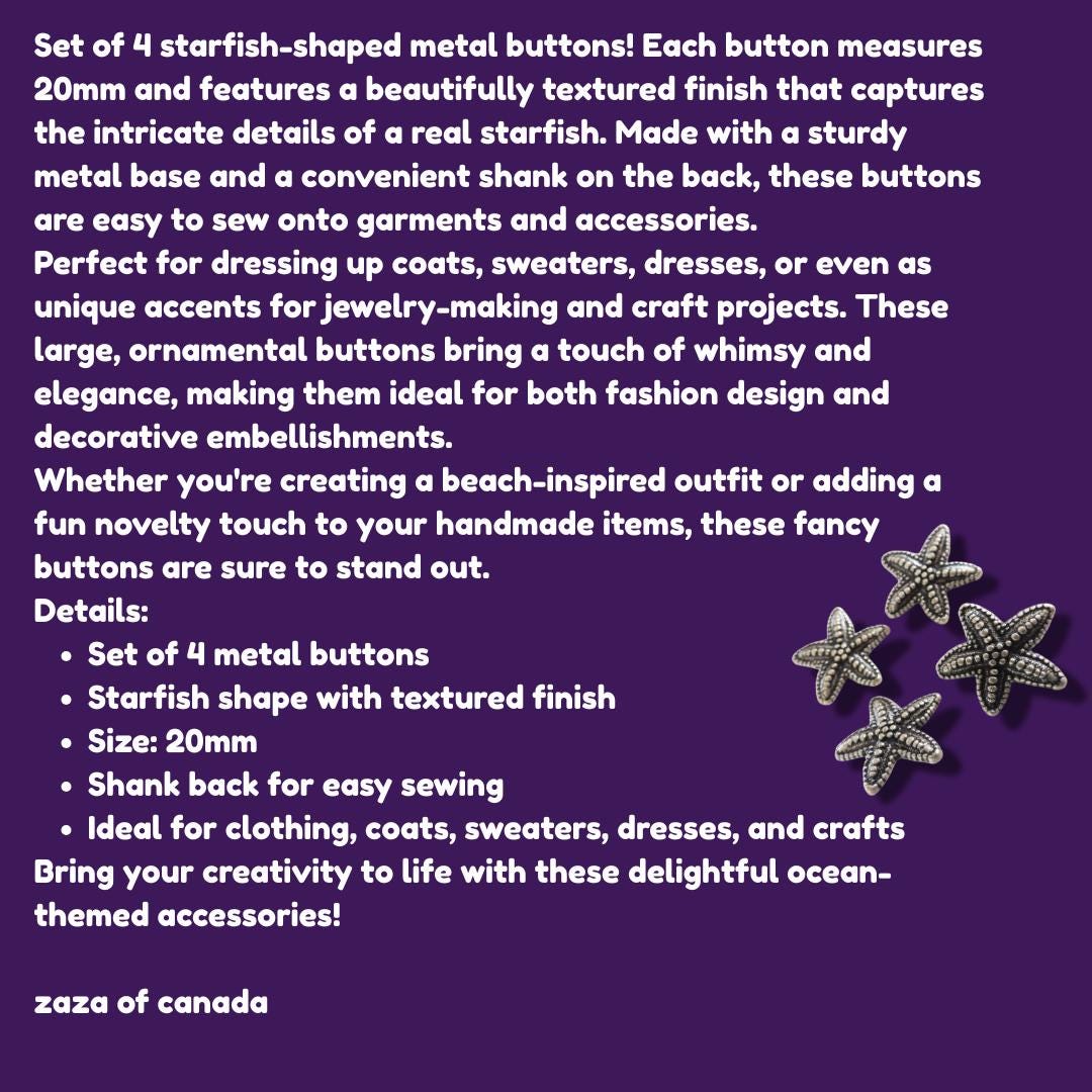 Set of 4 starfish-shaped 20mm metal buttons with a textured finish and shank back - For clothes