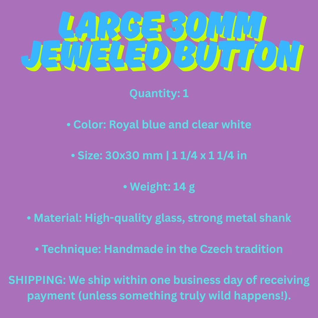 Large 30mm Jeweled Button – Blue Czech Glass