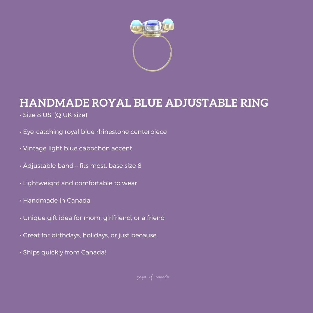 Handmade Royal Blue Adjustable Ring – Size 8, Ships fast - Gift idea for mom, girlfriend, or a friend - Lightweight, comfortable to wear
