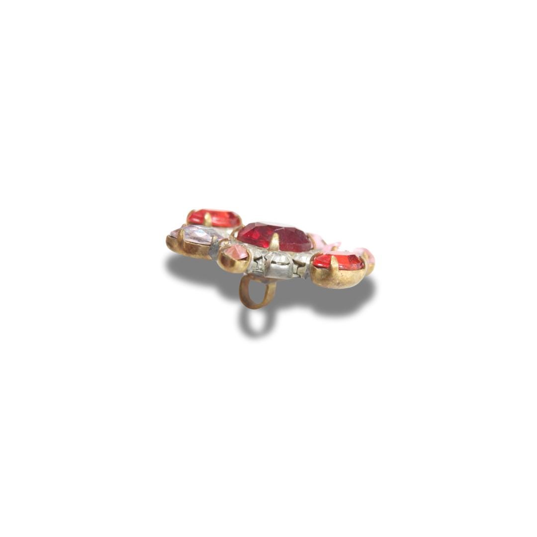 Vintage Czech Red Glass Button – Large 30x25mm Jewel Style with Metal Shank, Made in Europe – Focal embellishment on scarves, coats, jackets