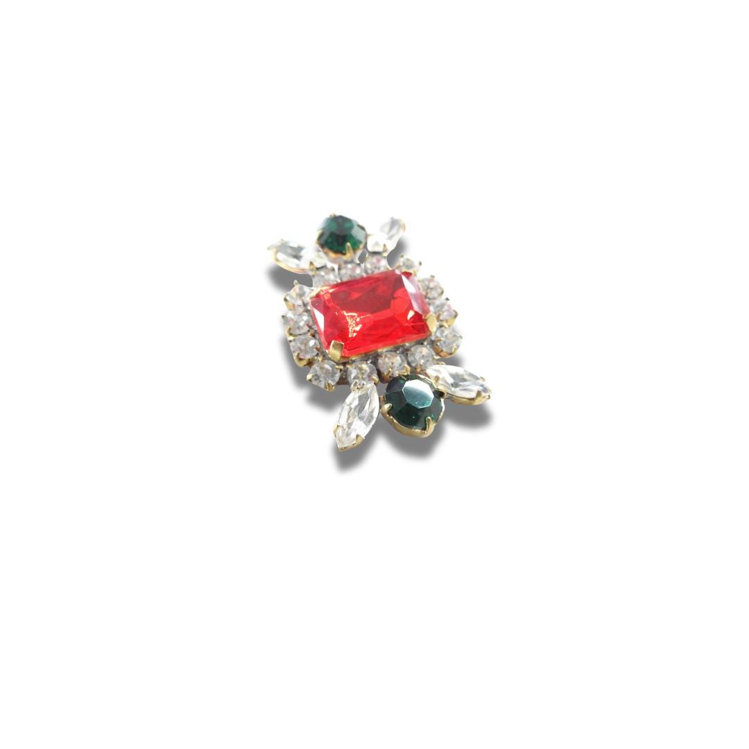 Large Czech Glass Button – Vintage Red Cabochon with Green Stones – Shank Back – Jewelry Making, Pendant, Sewing, Collectible Craft - 40 mm
