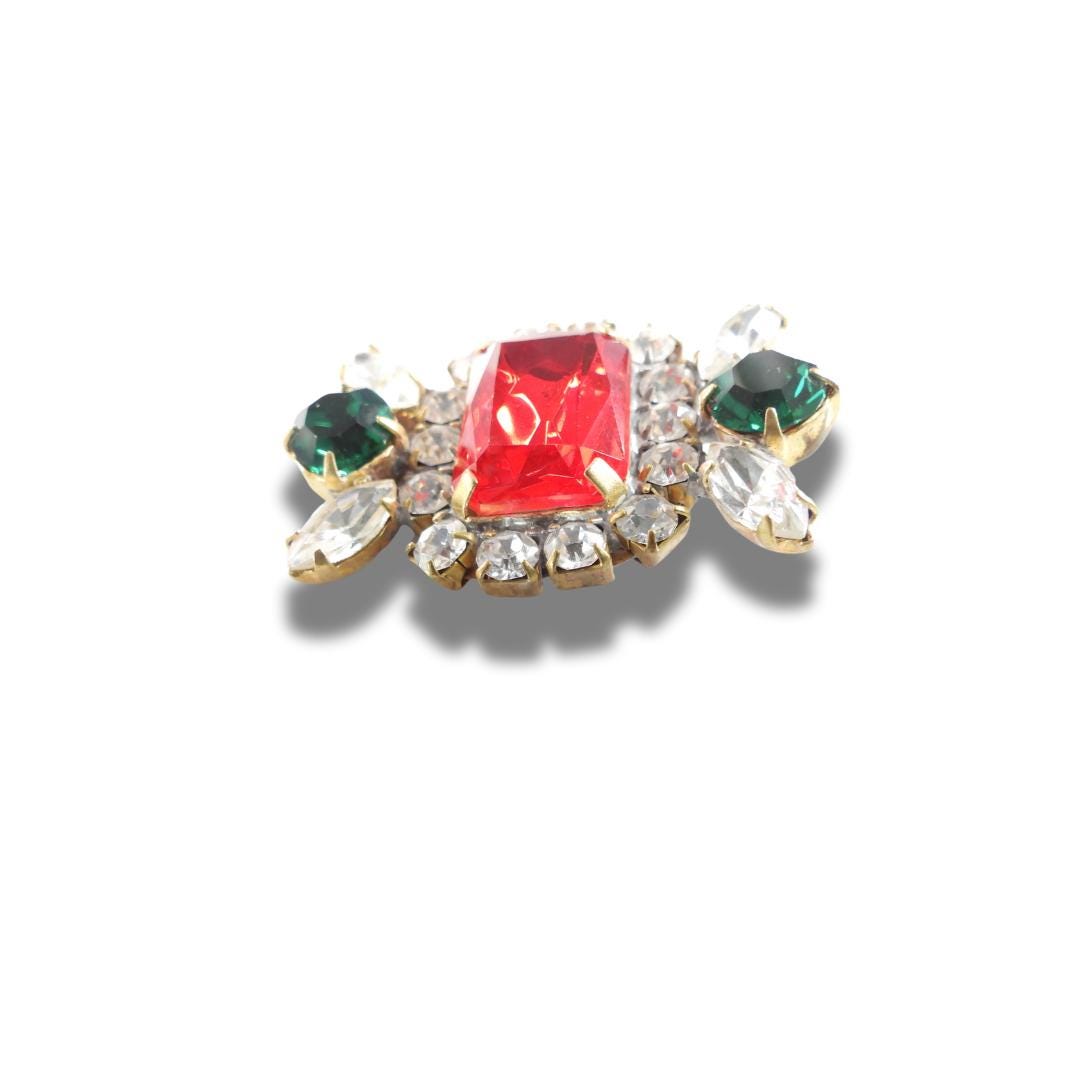 Large Czech Glass Button – Vintage Red Cabochon with Green Stones – Shank Back – Jewelry Making, Pendant, Sewing, Collectible Craft - 40 mm