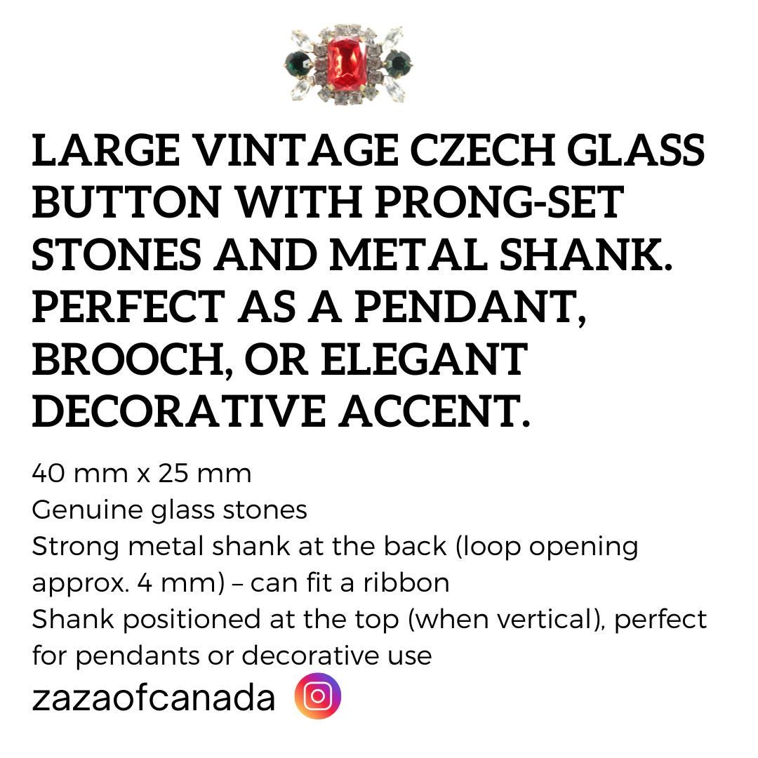 Large Czech Glass Button – Vintage Red Cabochon with Green Stones – Shank Back – Jewelry Making, Pendant, Sewing, Collectible Craft - 40 mm