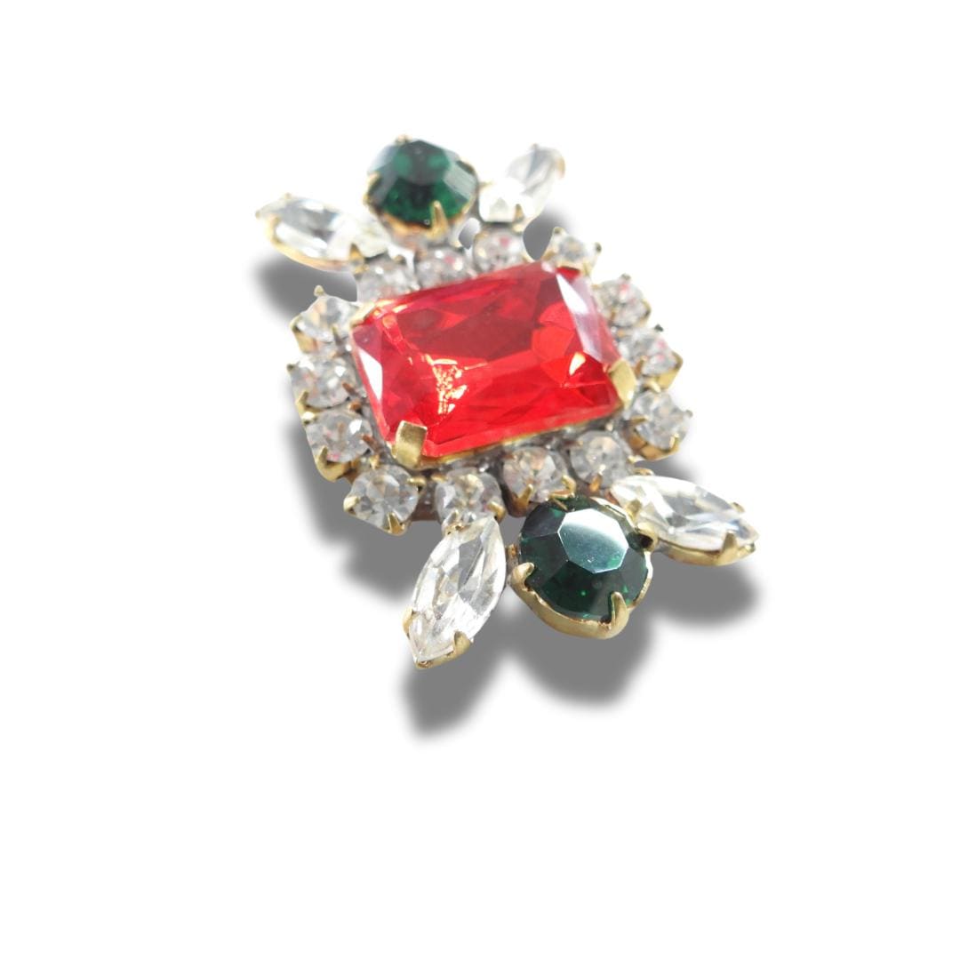 Large Czech Glass Button – Vintage Red Cabochon with Green Stones – Shank Back – Jewelry Making, Pendant, Sewing, Collectible Craft - 40 mm