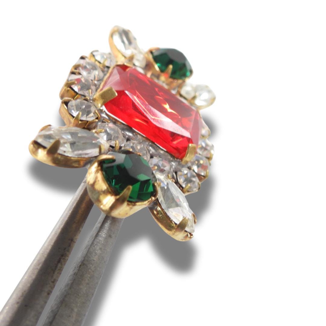 Large Czech Glass Button – Vintage Red Cabochon with Green Stones – Shank Back – Jewelry Making, Pendant, Sewing, Collectible Craft - 40 mm