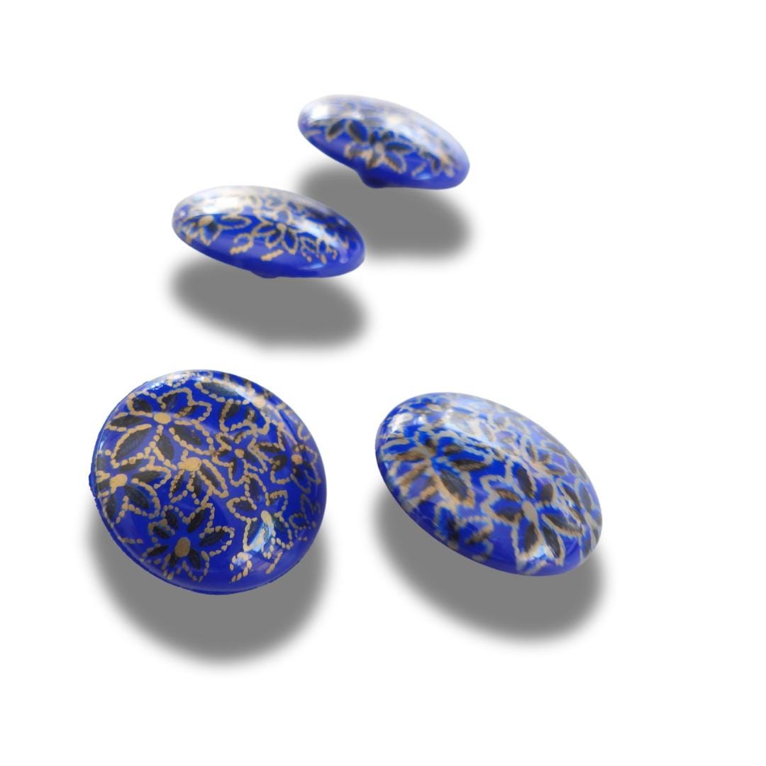 Decorative blue Shank Back Buttons Set of 5 | Made in Italy, 20mm fancy and Floral, for Sewing Jackets, Coats, Dresses, DIY Crafts