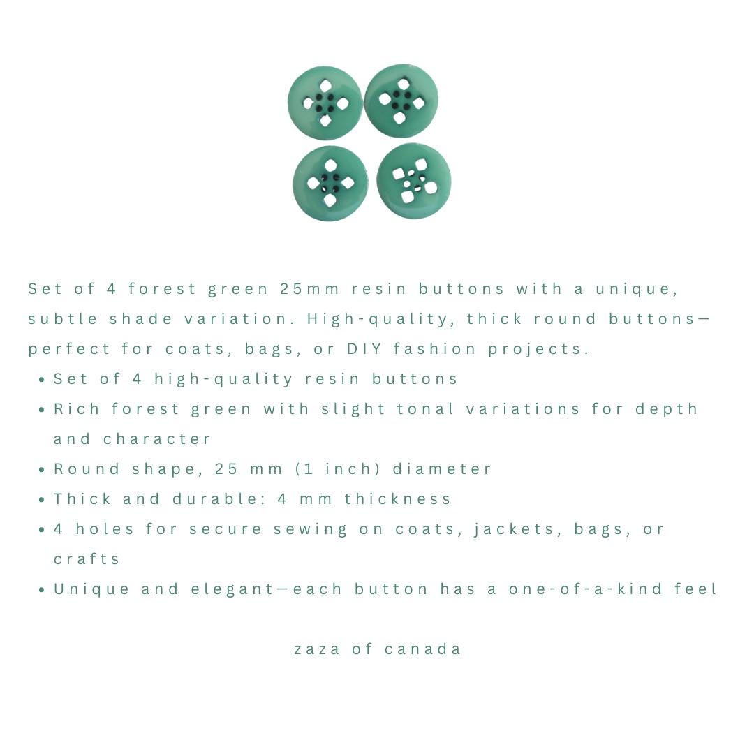 Set of 4 Forest Green Resin Buttons 25mm – Unique Round 4-Hole Buttons with Subtle Color Variation – 1 Inch, High Quality, 4mm Thick
