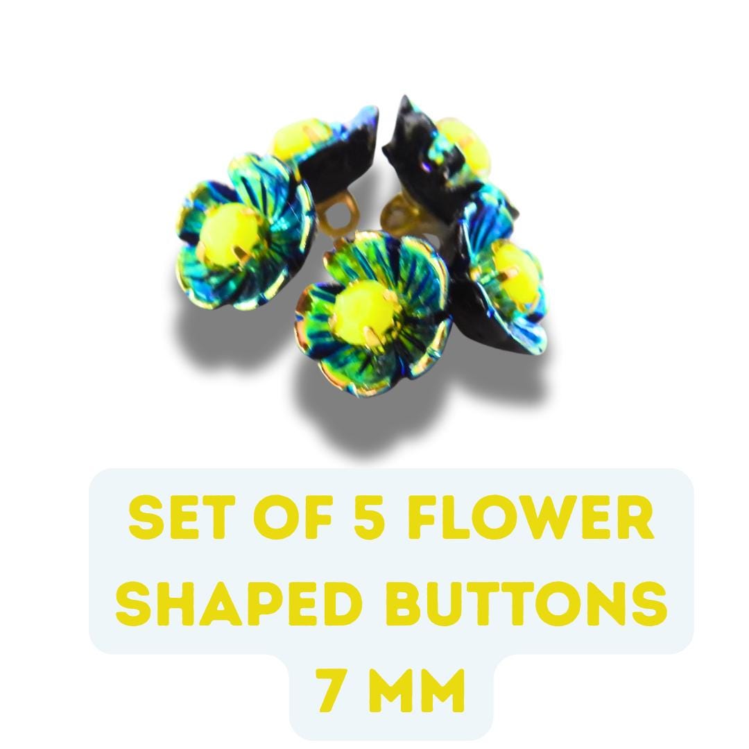Tiny Blue & Yellow Flower Shaped Buttons for Decorating or Sewing – Set of 5