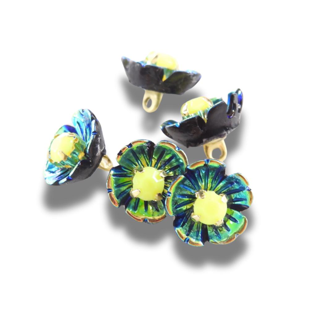 Tiny Blue & Yellow Flower Shaped Buttons for Decorating or Sewing – Set of 5