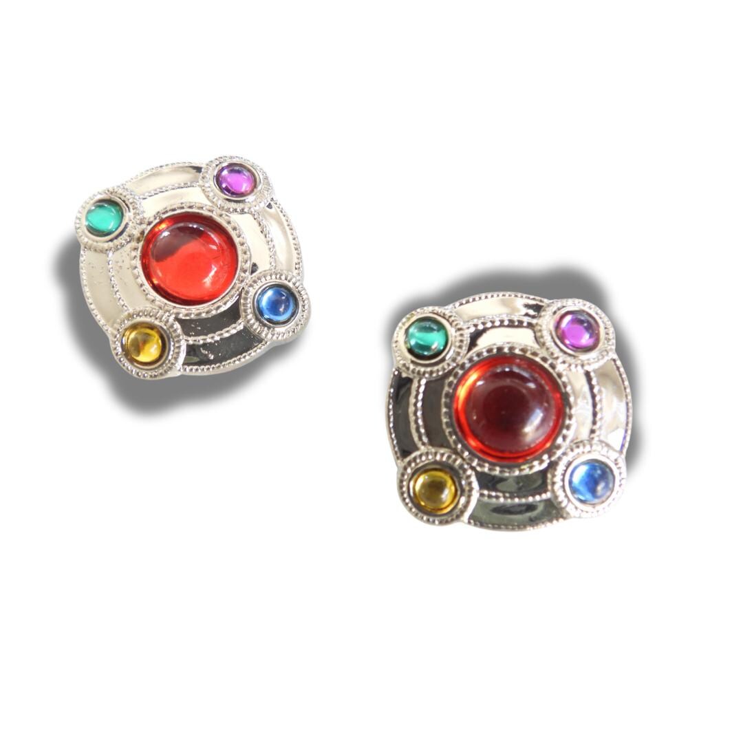 Set of 2 Vintage Rhinestone Buttons – 25 mm Red Center with Colorful Gems