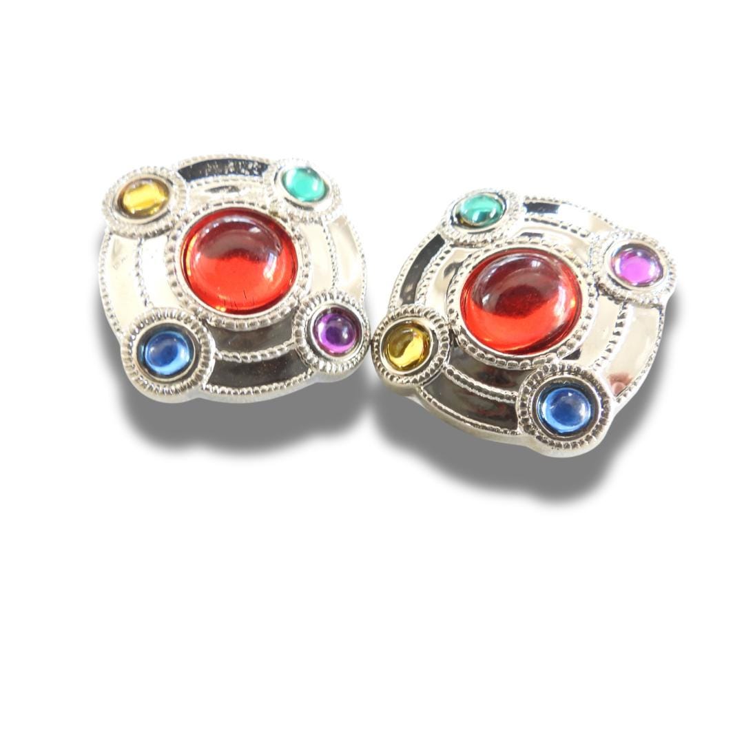 Set of 2 Vintage Rhinestone Buttons – 25 mm Red Center with Colorful Gems
