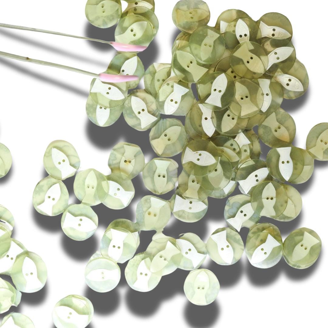 Lot of 50 Sage Green Fish Buttons – Hand-Carved Shell and Resin for Boho Crafts