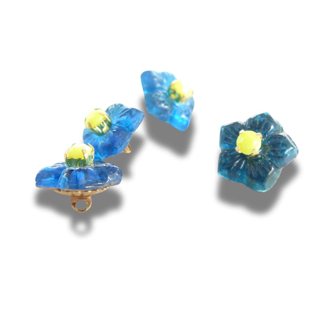 Teal Blue Vintage Flower Buttons with Yellow Center – Set of 4 for Sewing