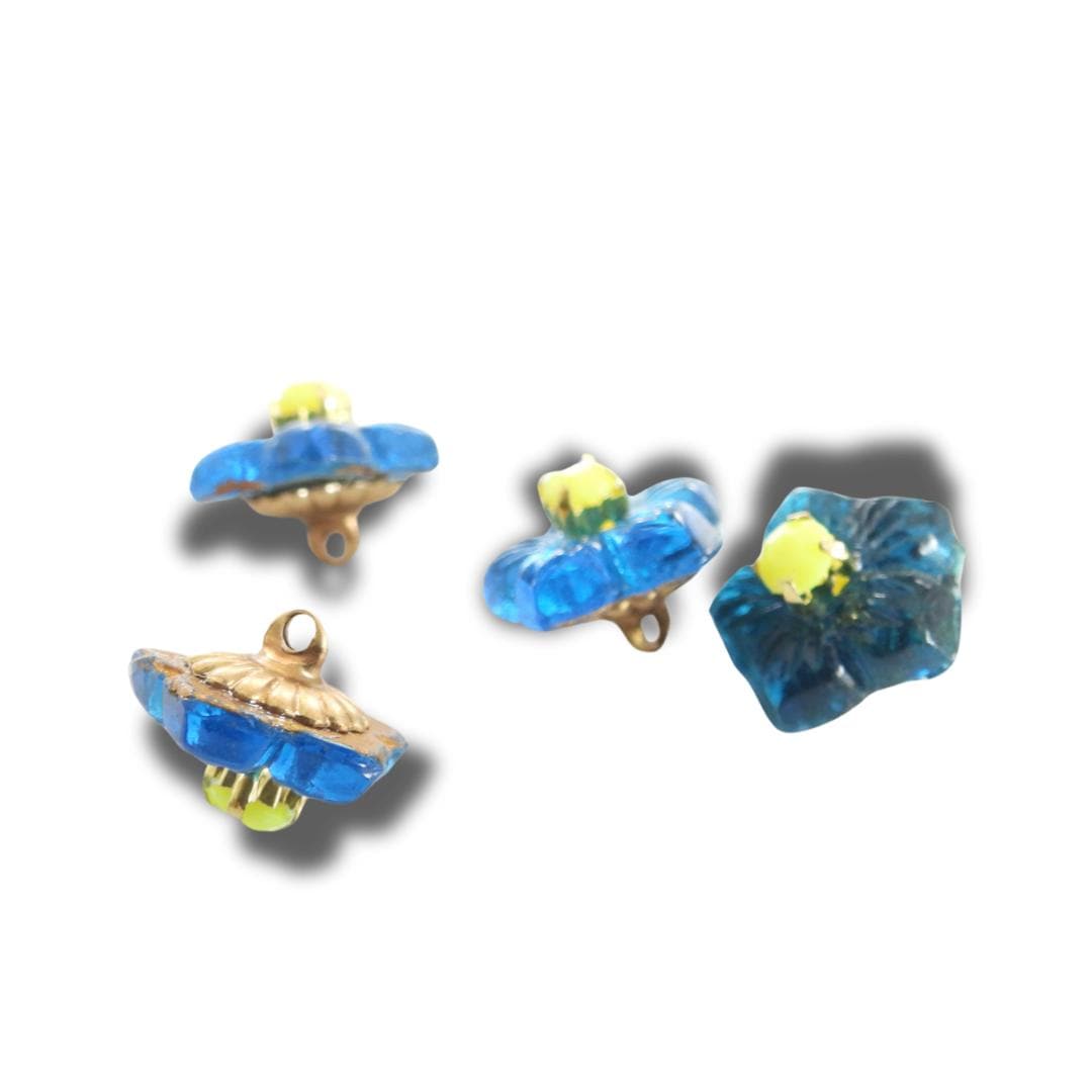 Teal Blue Vintage Flower Buttons with Yellow Center – Set of 4 for Sewing