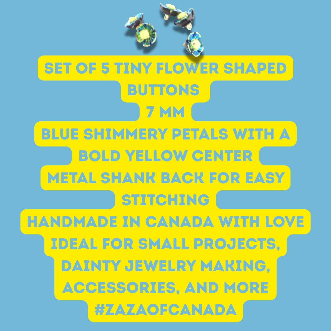 Tiny Blue & Yellow Flower Shaped Buttons for Decorating or Sewing – Set of 5