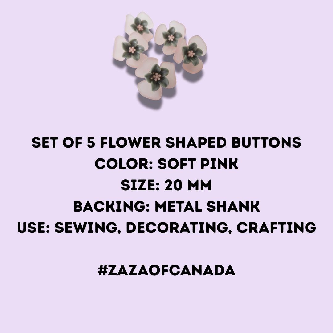 Pink Flower Shaped Buttons – Decorative and Fancy Fasteners with Metal Shank for Sewing, Crafting, jewelry or DIY Projects - Set of 5, 20 mm