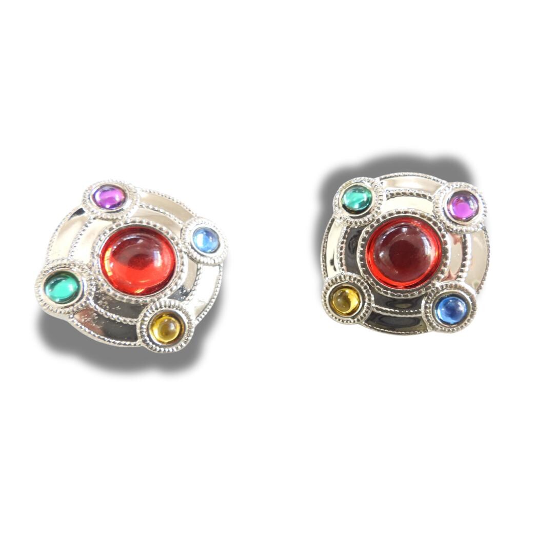 Set of 2 Vintage Rhinestone Buttons – 25 mm Red Center with Colorful Gems