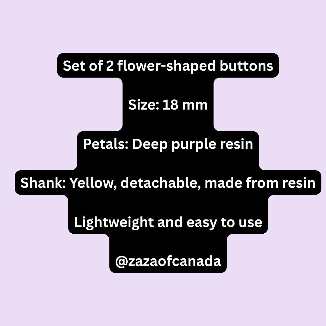 Set of 2 Flower-Shaped Buttons with Detachable Yellow Shank – 18 mm Dark Purple Petals, Lightweight & Perfect for Sewing or Craft Projects
