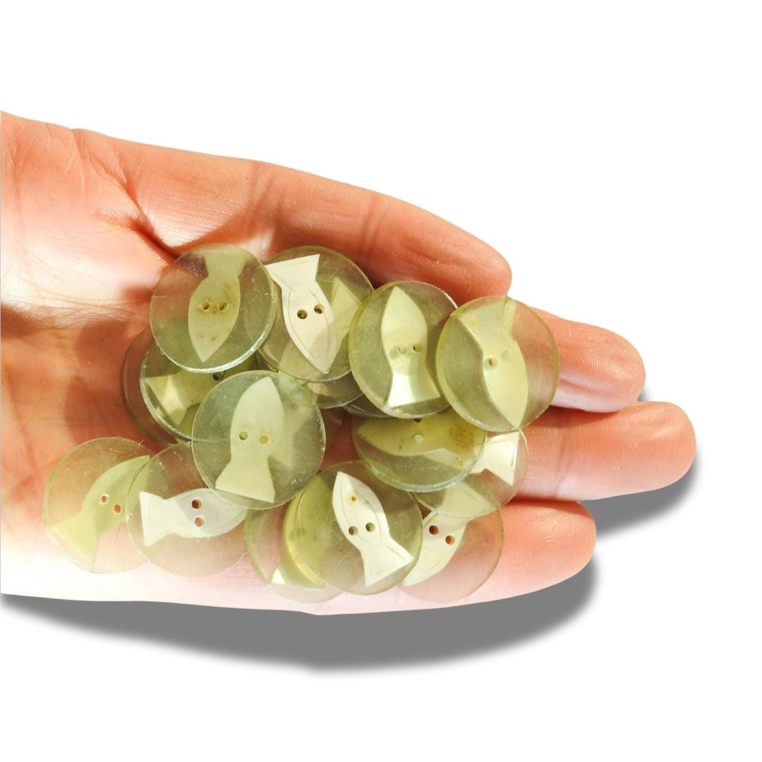 Lot of 50 Sage Green Fish Buttons – Hand-Carved Shell and Resin for Boho Crafts
