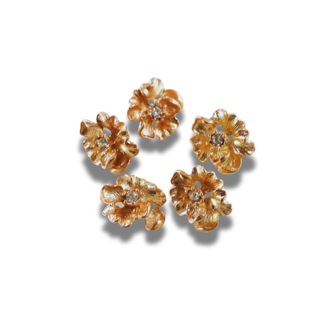 Set of 5 Shiny Gold Buttons with Faux Diamond Center – 20 x 22 mm - Great for, sewing, fashion design, hair accessories, or making jewelry
