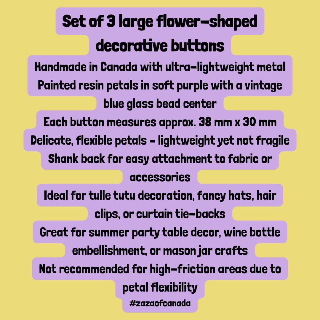 Lightweight flower buttons with large yellow metal petals. For crafts, decor, hats, tutus, and accessories. Handmade, set of 3, 38 mm