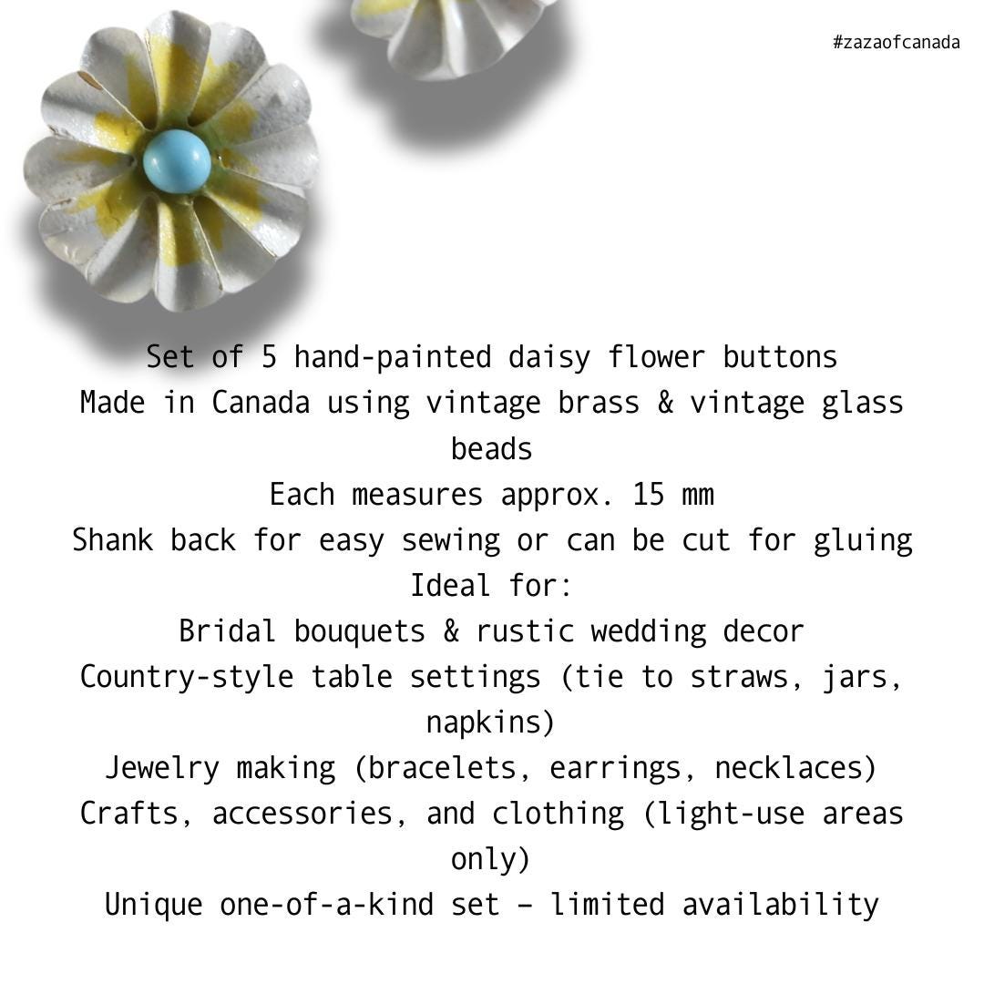 Set of 5 vintage-style daisy flower buttons. Ideal for jewelry, crafts, or country-style wedding decor. Yellow, white and blue, 15 mm