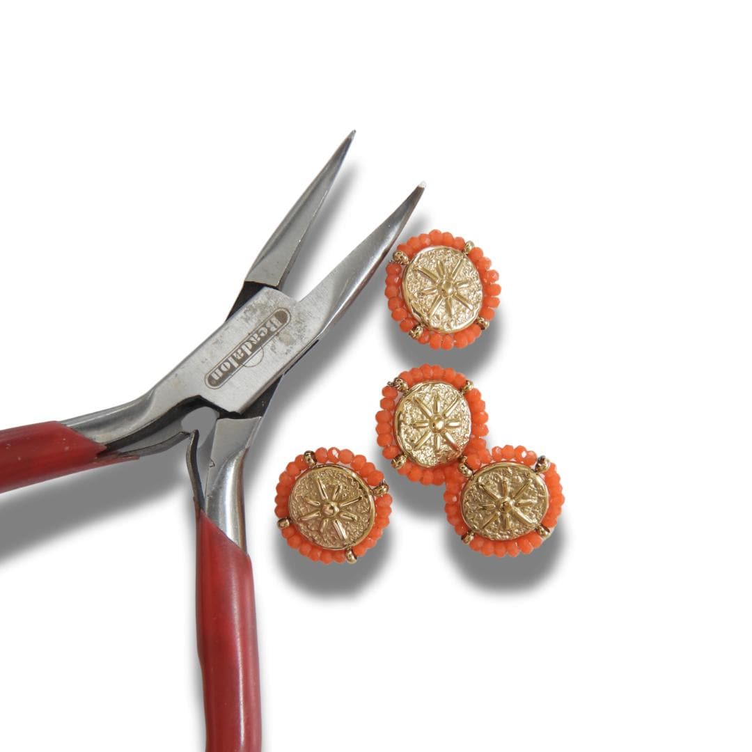 Set of 4 gold-toned 18mm fancy buttons for decorating. Roman medallion-inspired design, rosette motif, surrounded by orange glass seed beads