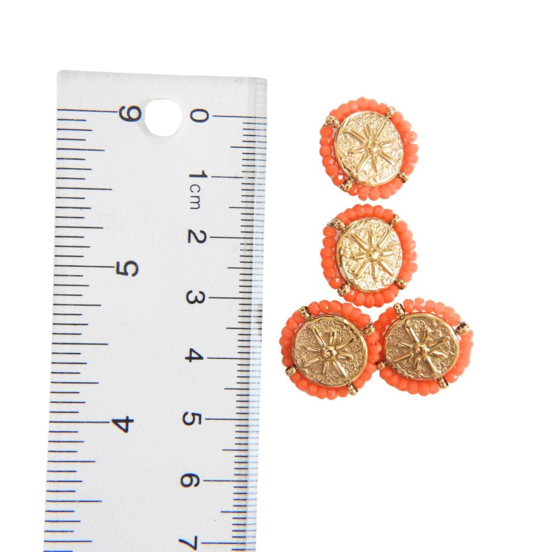 Set of 4 gold-toned 18mm fancy buttons for decorating. Roman medallion-inspired design, rosette motif, surrounded by orange glass seed beads