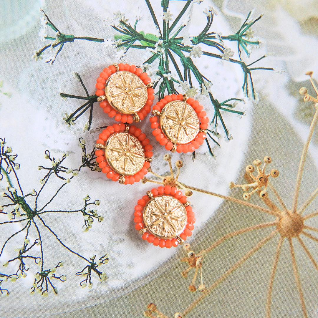 Set of 4 gold-toned 18mm fancy buttons for decorating. Roman medallion-inspired design, rosette motif, surrounded by orange glass seed beads