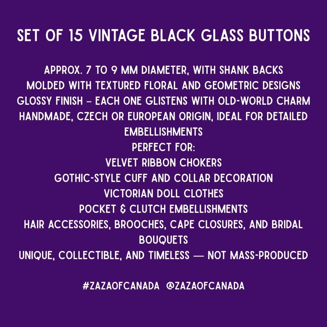 Tiny vintage black glass buttons (approx. 7–9 mm) with shank backs- Ideal for romantic or goth chokers, old-fashioned crafts and more