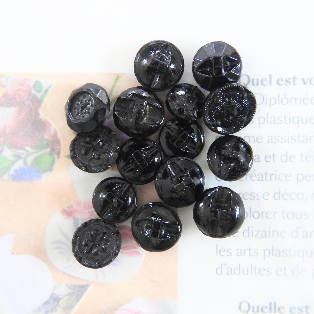 Tiny vintage black glass buttons (approx. 7–9 mm) with shank backs- Ideal for romantic or goth chokers, old-fashioned crafts and more