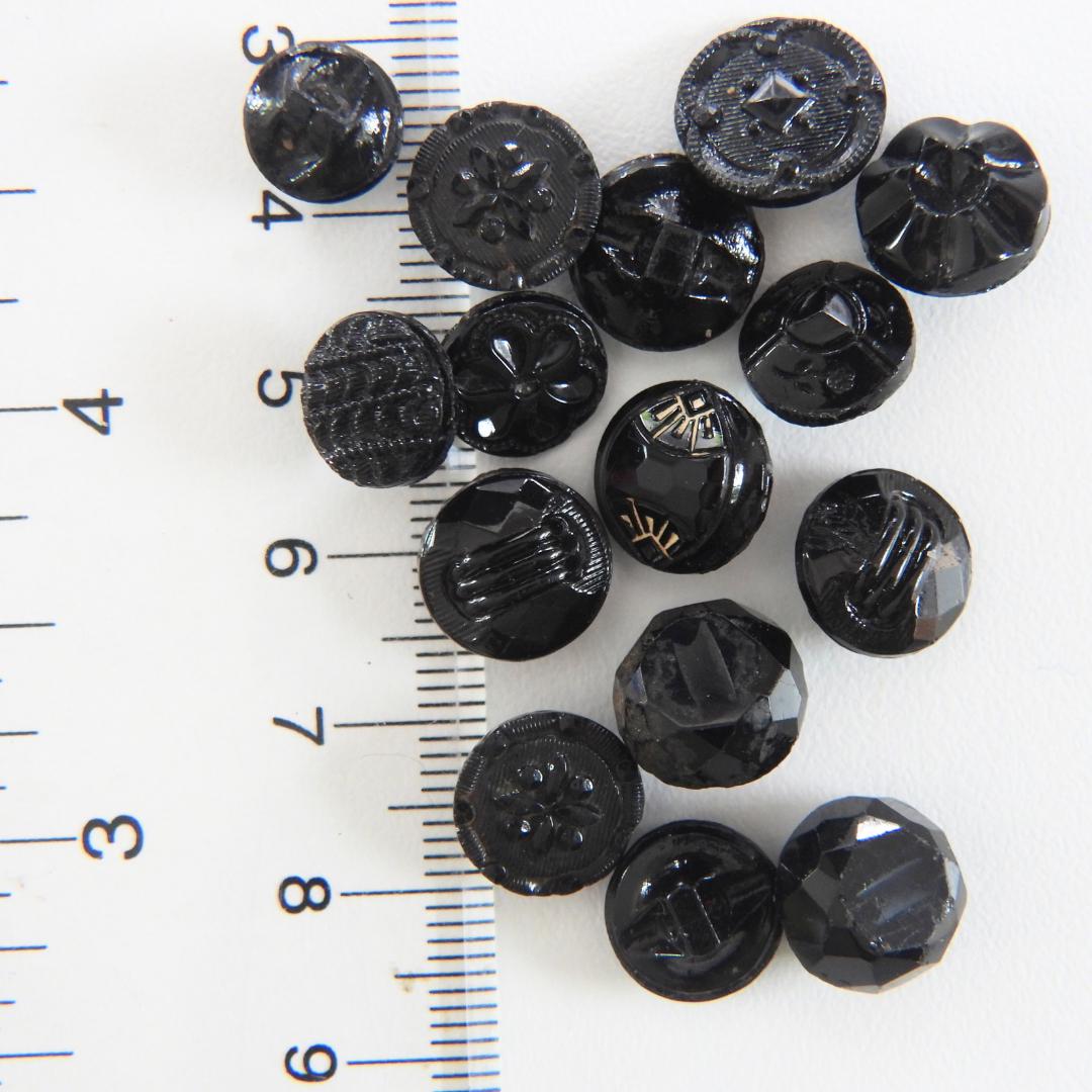 Tiny vintage black glass buttons (approx. 7–9 mm) with shank backs- Ideal for romantic or goth chokers, old-fashioned crafts and more