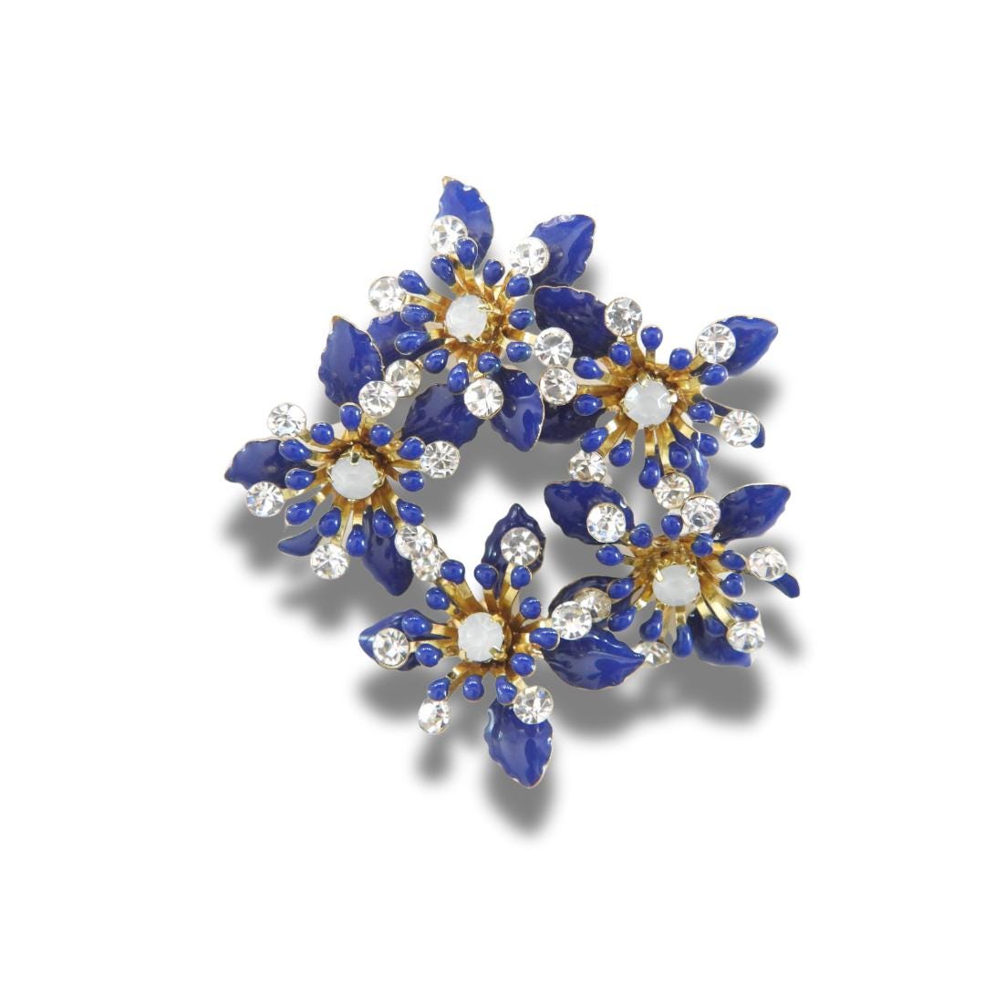 Navy blue flower buttons with rhinestones. Glossy metal finish, Set of 5, 20 mm, handmade, with shank back—perfect for sewing and decorating