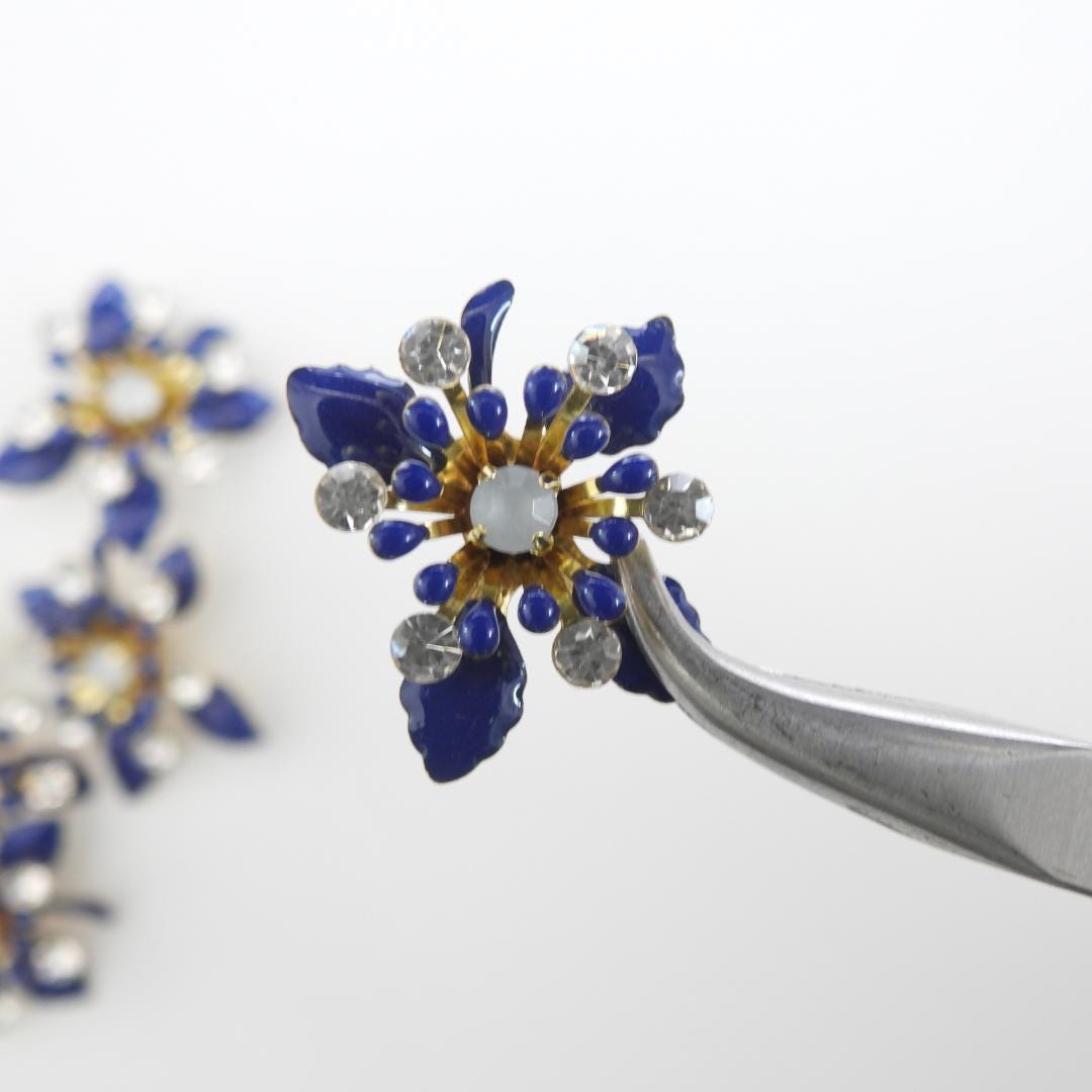 Navy blue flower buttons with rhinestones. Glossy metal finish, Set of 5, 20 mm, handmade, with shank back—perfect for sewing and decorating