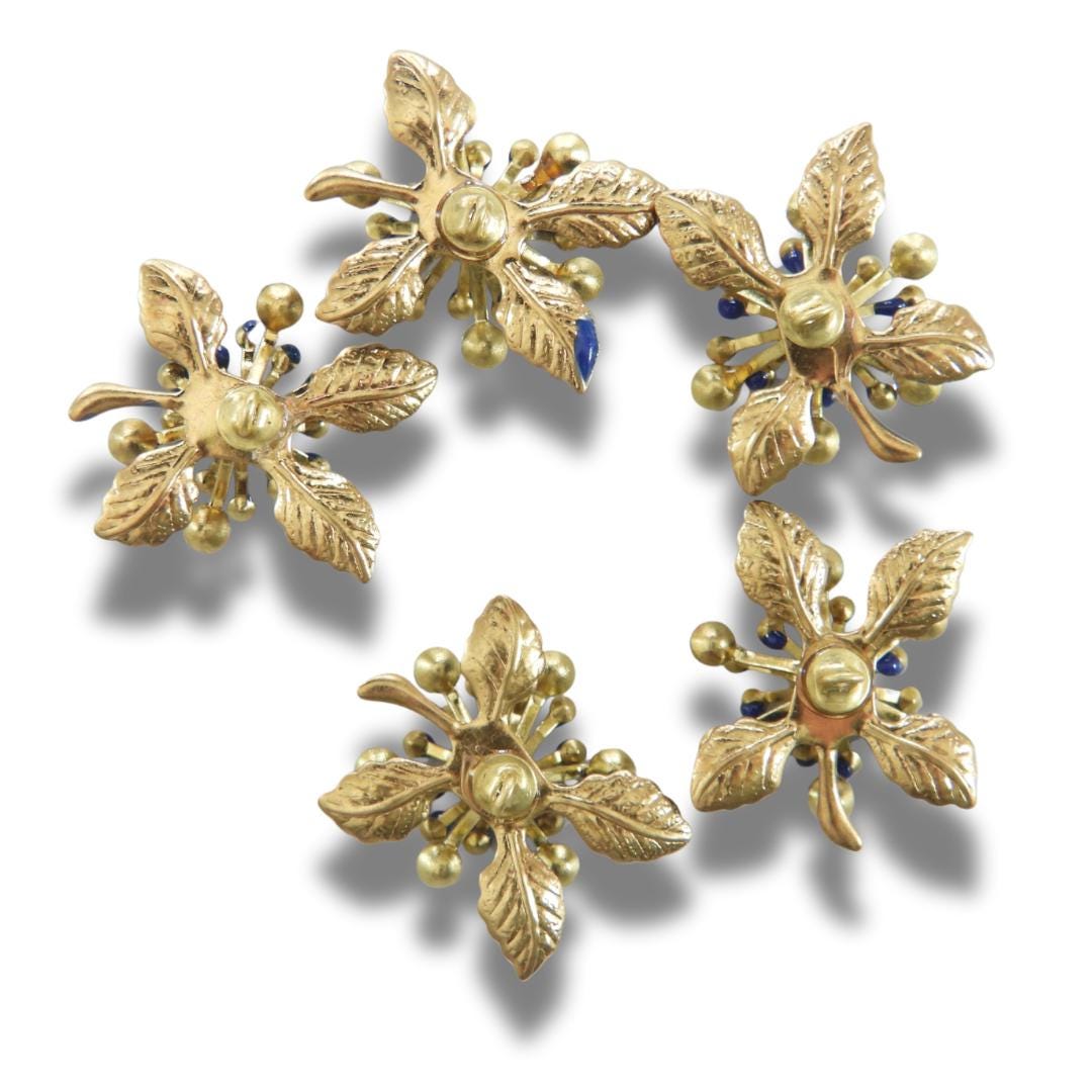 Navy blue flower buttons with rhinestones. Glossy metal finish, Set of 5, 20 mm, handmade, with shank back—perfect for sewing and decorating