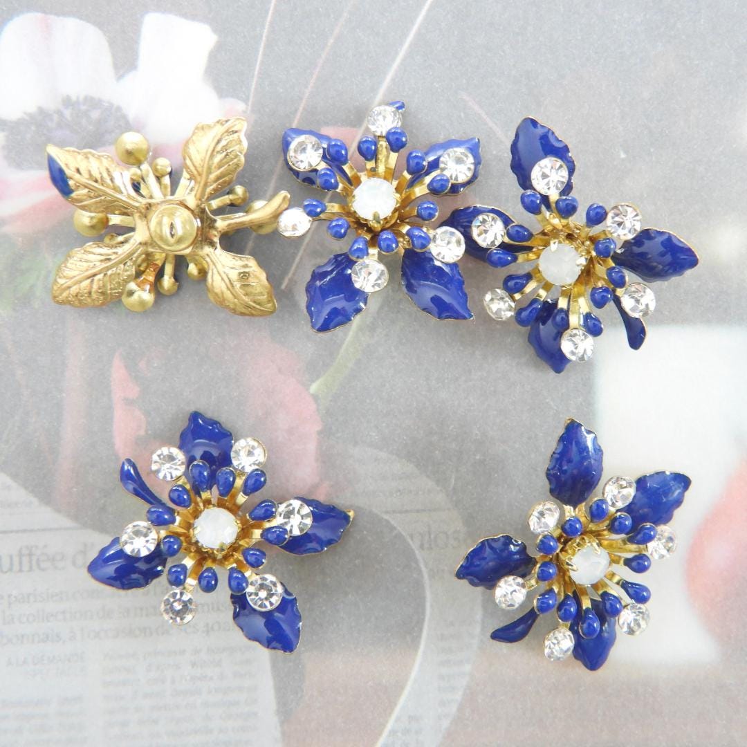 Navy blue flower buttons with rhinestones. Glossy metal finish, Set of 5, 20 mm, handmade, with shank back—perfect for sewing and decorating