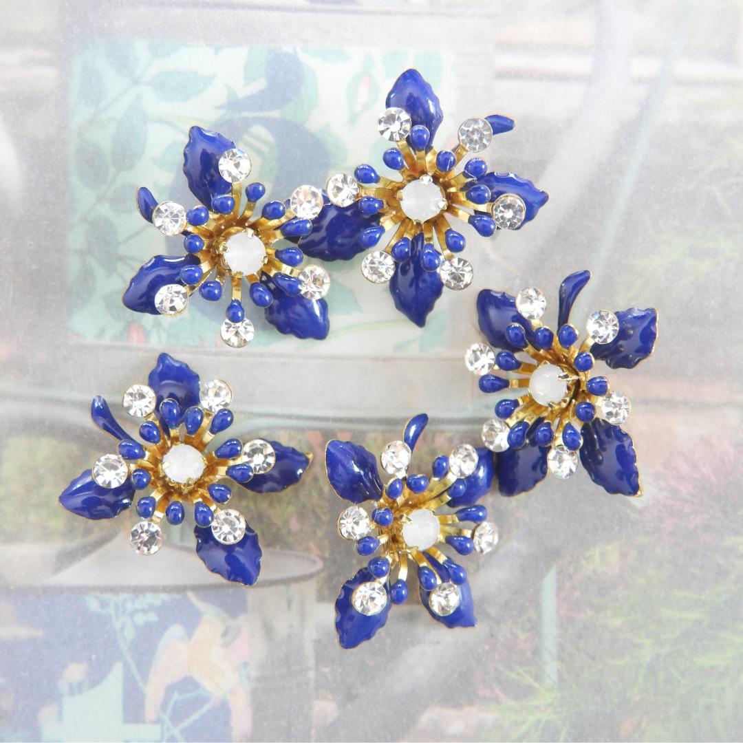 Navy blue flower buttons with rhinestones. Glossy metal finish, Set of 5, 20 mm, handmade, with shank back—perfect for sewing and decorating