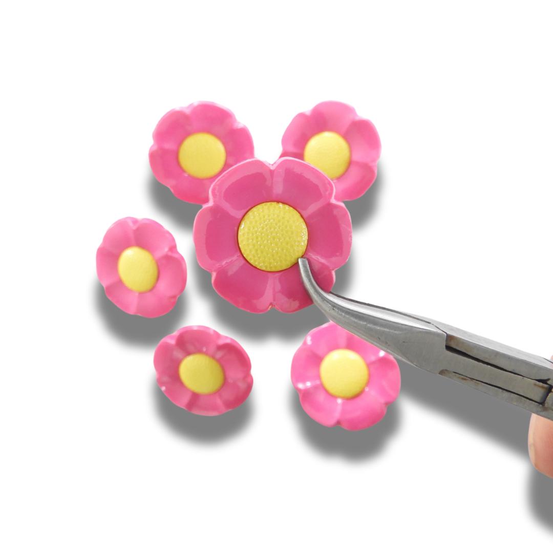 Decorative flower-shaped buttons, pink yellow. Set of 5, shank back, 1 inch, for embellishing tea towels, tote bags, hair accessories