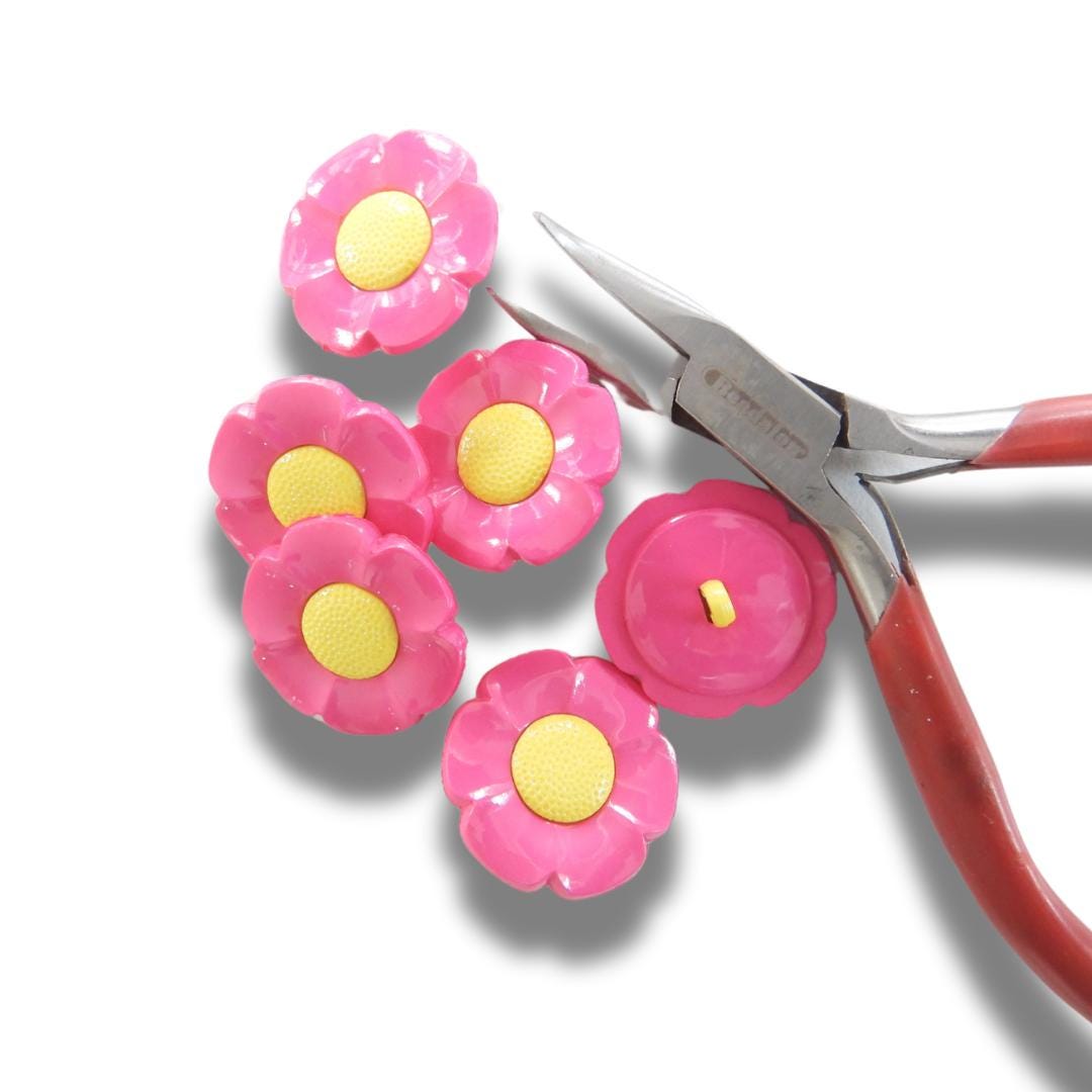 Decorative flower-shaped buttons, pink yellow. Set of 5, shank back, 1 inch, for embellishing tea towels, tote bags, hair accessories