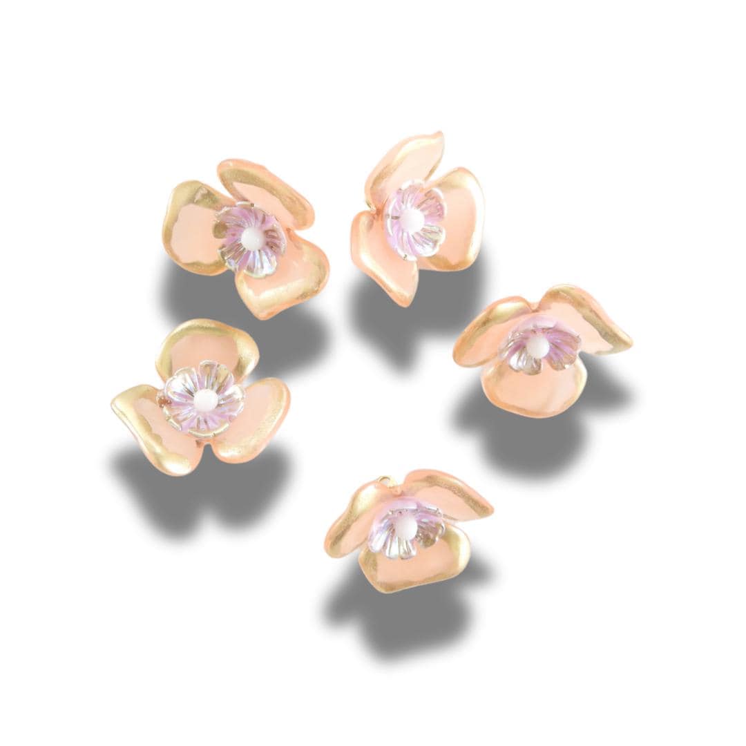 Set of 5 pastel flower buttons with shimmery finishes. Perfect for embellishing nude, beige, tan accessories, crafts, or DIY jewelry. 20 mm