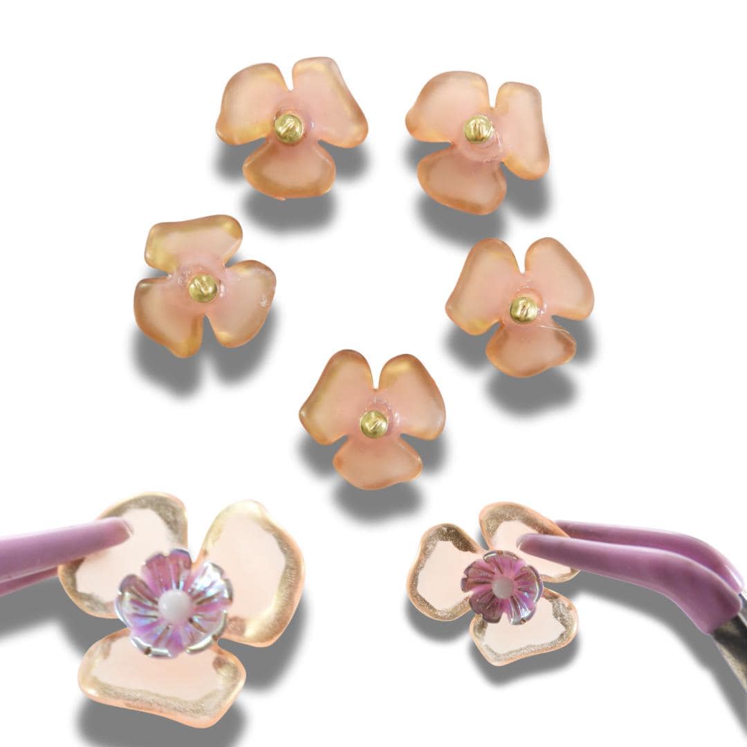Set of 5 pastel flower buttons with shimmery finishes. Perfect for embellishing nude, beige, tan accessories, crafts, or DIY jewelry. 20 mm